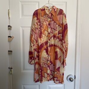 Vintage Sun Streak Colorful Geometric Button-Up Beach Cover Up With Shine NWT